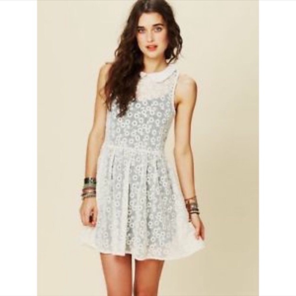 FP Sweet Daisy Collared Dress Free People Sheer Lace Sundress White Mini Small - Picture 2 of 14